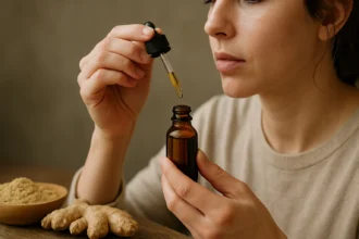 Žena používa zázvorové kvapky na podporu zdravia.