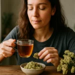 Žena vychutnáva čaj z rebríčka obyčajného a bylinky na stole