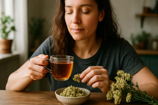 Žena vychutnáva čaj z rebríčka obyčajného a bylinky na stole