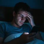 Mladý muž sa pozerá na svoj telefón v noci, ovplyvnený modrým svetlom