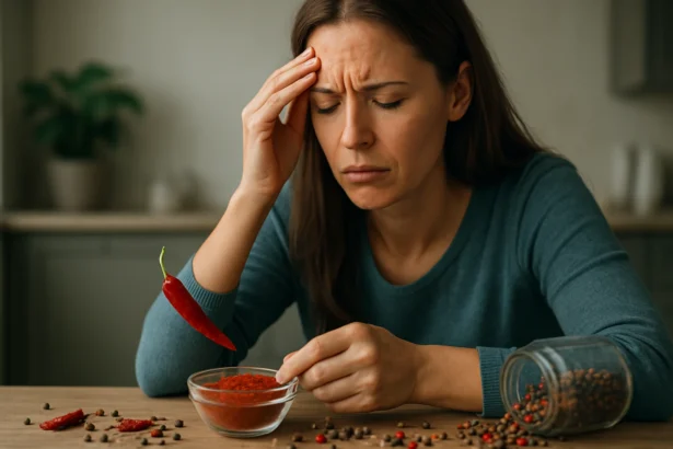 Žena s bolestivým výrazom pri prácu s korením a paprikou.