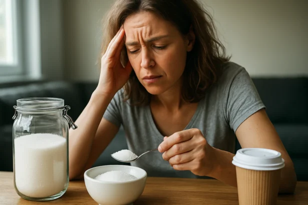 Žena váhajúca so zložením cukru, ktorá sa cíti znepokojená.