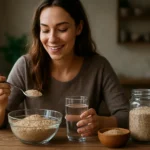 Mladá žena si užíva psyllium vo svojich zdravých raňajkách.