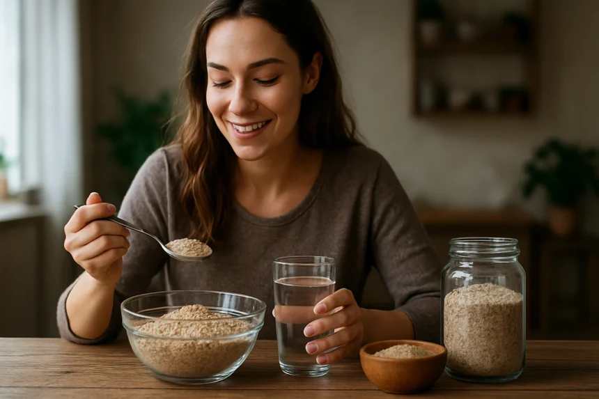 Mladá žena si užíva psyllium vo svojich zdravých raňajkách.