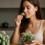 Žena ochutnáva valeriánku pre zdravú pokožku a štíhlu líniu.