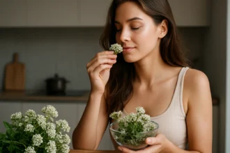 Žena ochutnáva valeriánku pre zdravú pokožku a štíhlu líniu.