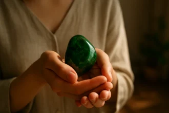 Harmonická energia kameňa chromdiopsidu v ruke