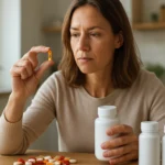 Žena zvažuje užitie vitamínu a multivitamínu pri stole.