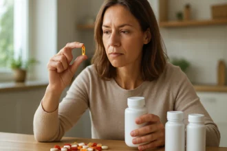 Žena zvažuje užitie vitamínu a multivitamínu pri stole.