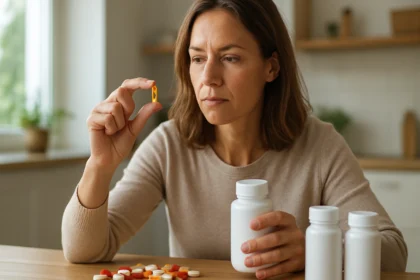 Žena zvažuje užitie vitamínu a multivitamínu pri stole.