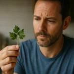 Muž analyzujúci list kecskeruty ako prírodný liek.