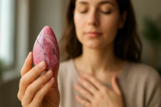Žena drží ružový jaspis, symbol duševnej rovnováhy a lásky.