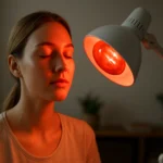 Žena relaxuje pod infralampou na tvár so zatvorenými očami.