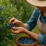 Žena zbiera čučoriedky v záhrade so zberateľským košíkom.