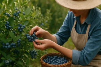 Žena zbiera čučoriedky v záhrade so zberateľským košíkom.