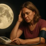 Žena meria krvný tlak pod splnom mesiaca, vyzerá znepokojene.