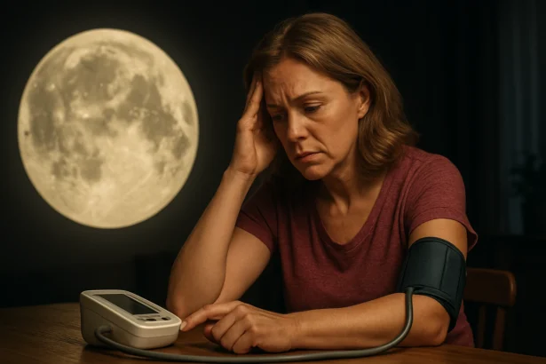 Žena meria krvný tlak pod splnom mesiaca, vyzerá znepokojene.