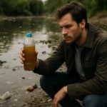 Muž posudzujúci špinavú vodu vo fľaši pri znečistenom brehu rieky