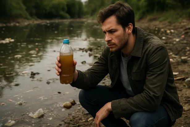 Muž posudzujúci špinavú vodu vo fľaši pri znečistenom brehu rieky