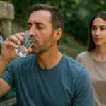 Muž pije veľkátadskú liečivú vodu pri prameni v prírode