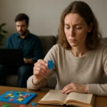 Žena pracuje s puzzle a knihou na zlepšenie pamäti.