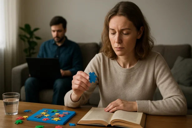 Žena pracuje s puzzle a knihou na zlepšenie pamäti.