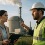 Odborníci diskutujú o parnej elektrárni a udržateľnej energii.