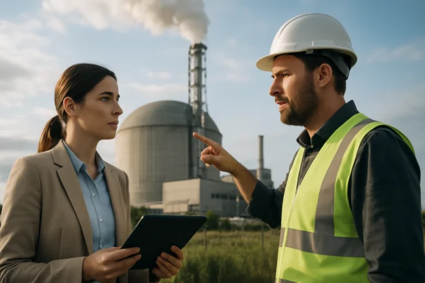 Odborníci diskutujú o parnej elektrárni a udržateľnej energii.