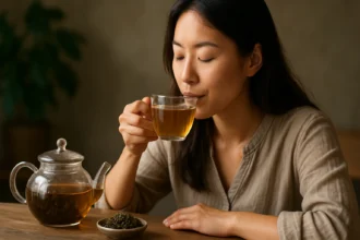 Žena si vychutnáva šálku oolong čaju, ktorý podporuje zdravie a vitalitu.