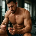 Muž so športovou postavou zvažujúci účinky propionátu v posilňovni.