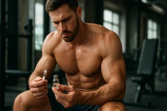 Muž so športovou postavou zvažujúci účinky propionátu v posilňovni.