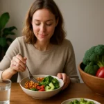 Žena si vychutnáva bezmäsité jedlo plné čerstvej zeleniny a strukovín.