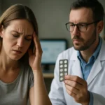 Muž s liekmi hovorí so ženou so silnou bolesťou hlavy