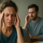 Žena trpi bolesťou hlavy v domácnosti, pričom muž pracuje na počítači.