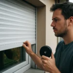 Muž zabezpečuje roletu na okne pre zvýšenie bezpečnosti domova.