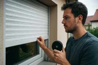 Muž zabezpečuje roletu na okne pre zvýšenie bezpečnosti domova.