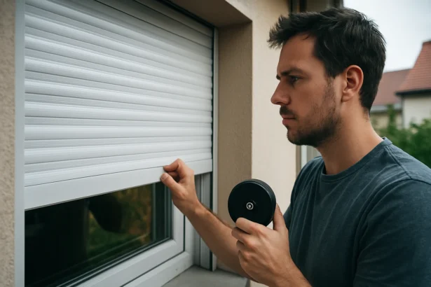 Muž zabezpečuje roletu na okne pre zvýšenie bezpečnosti domova.