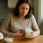 Žena s bolestivým bruchom drží pohár kokosového mlieka