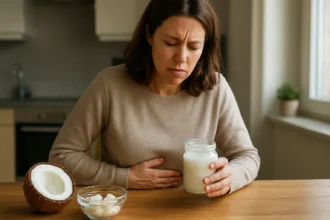Žena s bolestivým bruchom drží pohár kokosového mlieka