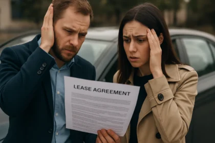 Pár skúma zmluvu o prenájme auta s obavami v tvárach.