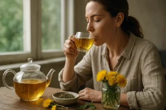 Žena si vychutnáva púpavový čaj pri okne s kvetmi púpavy.