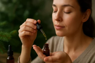 Žena používa sibírsky jedľový esenciálny olej na zlepšenie zdravia