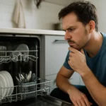 Muž premýšľa nad umývačkou riadu s riadom a príbormi.