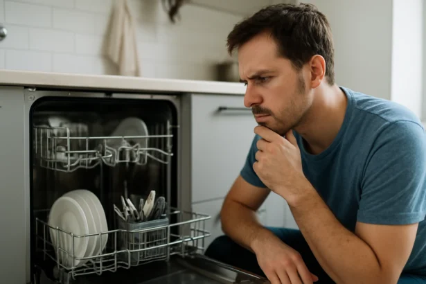 Muž premýšľa nad umývačkou riadu s riadom a príbormi.