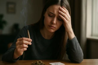 Žena s marihuanou vyzerajúca znepokojene, upozorňujúca na zdravotné riziká.