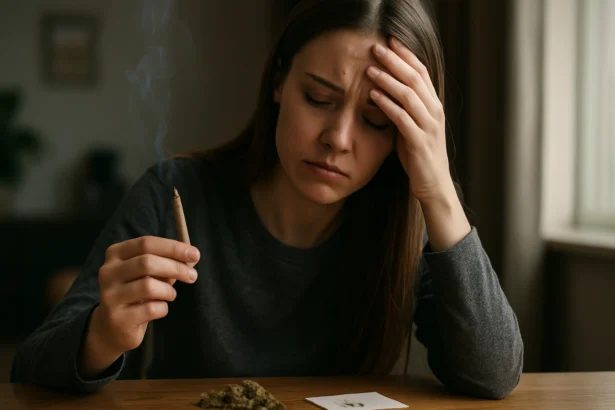 Žena s marihuanou vyzerajúca znepokojene, upozorňujúca na zdravotné riziká.