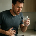 Muž drží pohár studenej vody a má bolesti brucha.