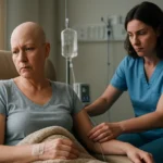 Pacientka podstupujúca chemoterapiu s zdravotnou sestrou