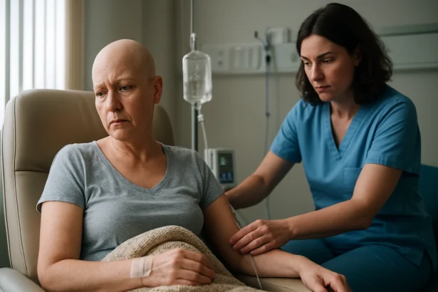 Pacientka podstupujúca chemoterapiu s zdravotnou sestrou