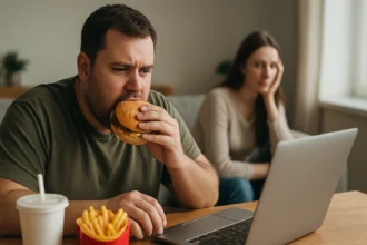 Muž s hamburgerom a pomfrity pri počítači, žena v pozadí.